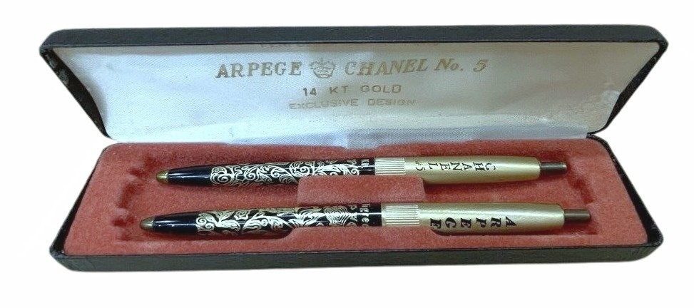 Arpege & Chanel No 5 14 KT Gold Exclusive Ballpoint Pen Set 1960s Blue INK