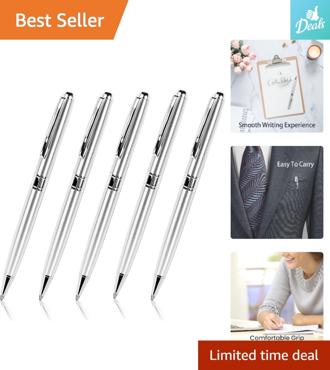Smooth Writing Silver Ballpoint Pens – Perfect Gift Set of 5 for Any Occasion