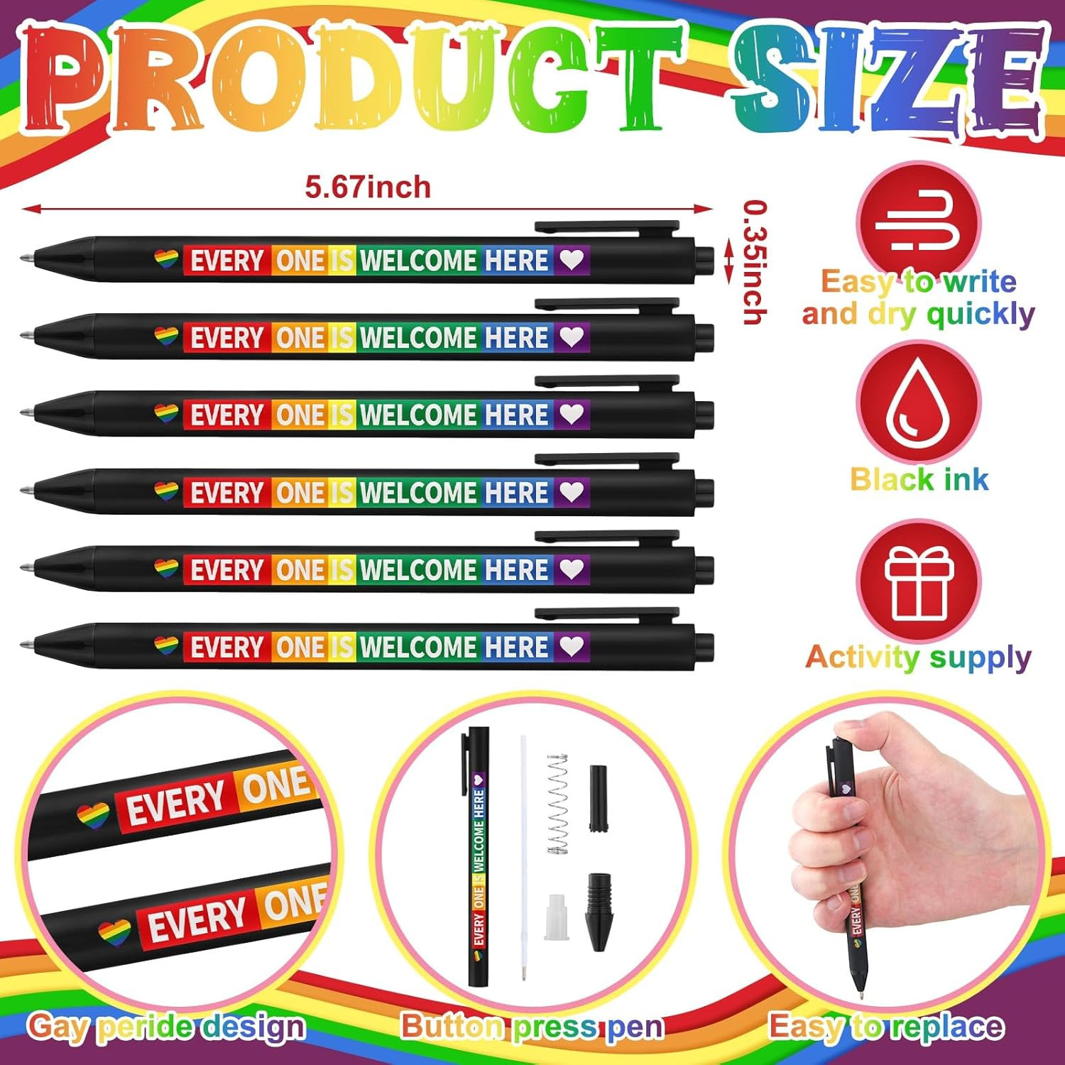 48 Pcs Pride Ballpoint Pen Month Lgbtq Rainbow Party Favors Black Ink Retractabl