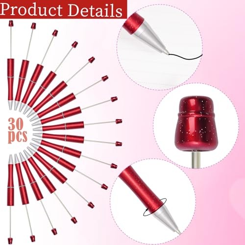 jiebor 20Pcs Red Beadable Pens Plastic Bead Ballpoint Pens Bulk with 50Pcs