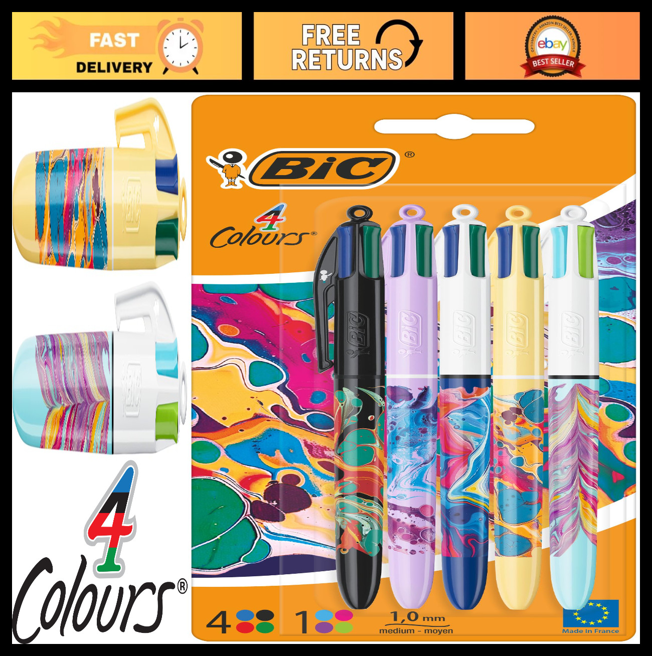 Multi-Colored Retractable Ballpoint Pens, 4 Colors, Medium 1.0mm, 5 Pack