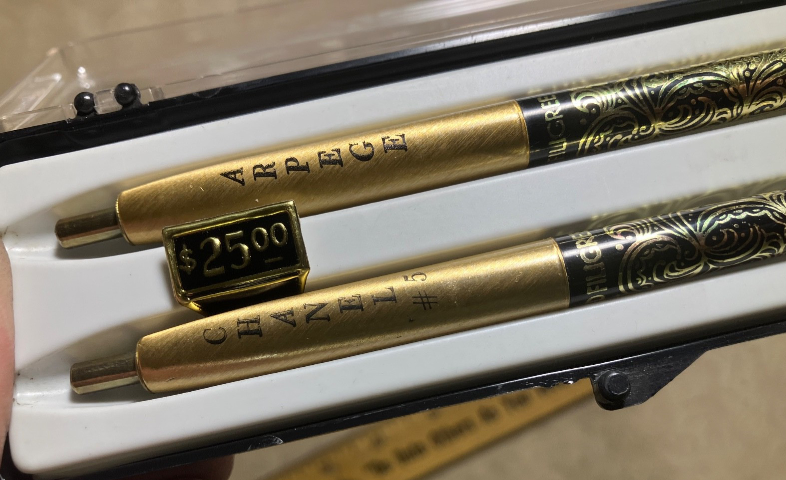 From estate-Vintage 14K filigree Arpege Chanel #5 pens in original box. Read!