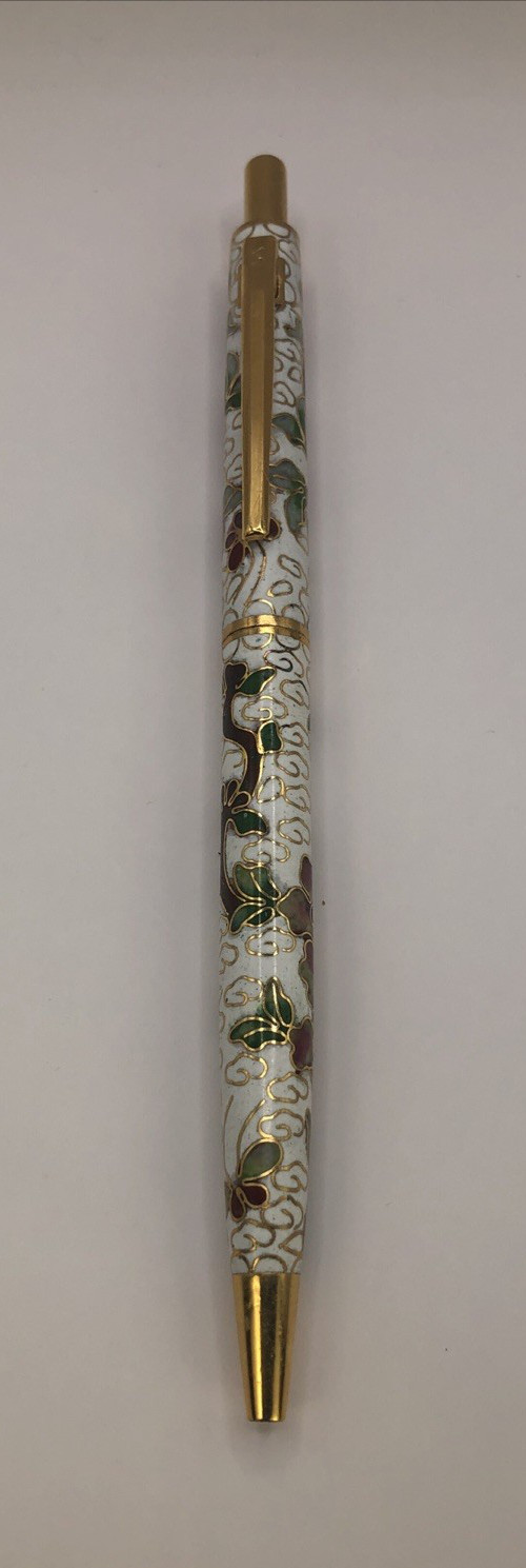 Vintage Chinese Cloisonne Enameled Ball Point Pen in Brocade Box