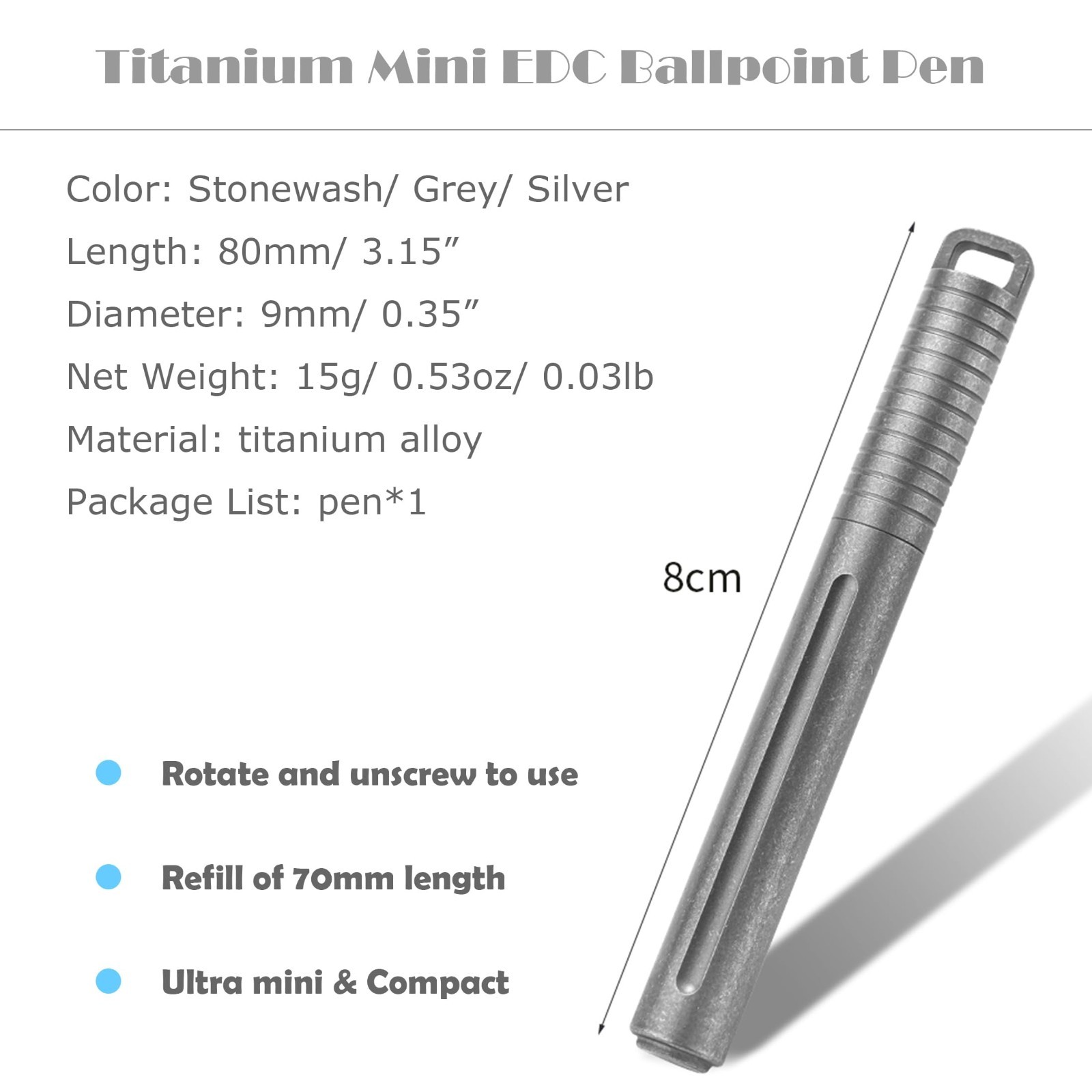 Compact Titanium Mini Ballpoint Pen 3.15″ Pocket Size for Everyday Carry, EDC