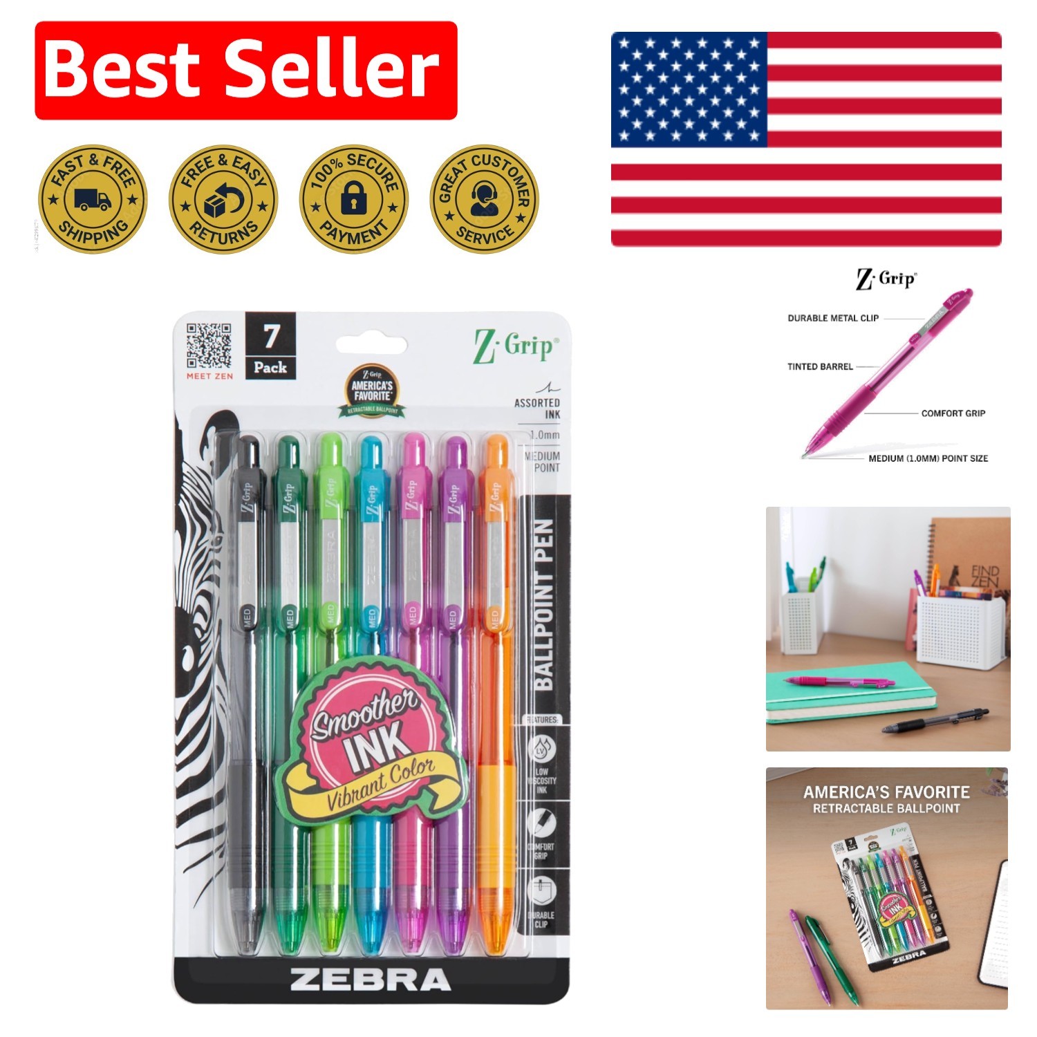 Smooth-Flowing Assorted Color Ballpoint Pens, 1.0mm Medium Point – 7-Pack