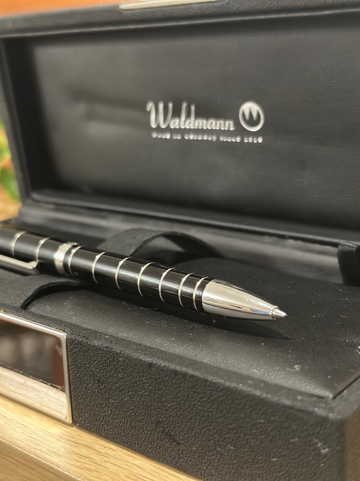 Waldmann 925 Sterling Silver Ballpoint Pen – Black Lacquer with Silver Spiral Ri