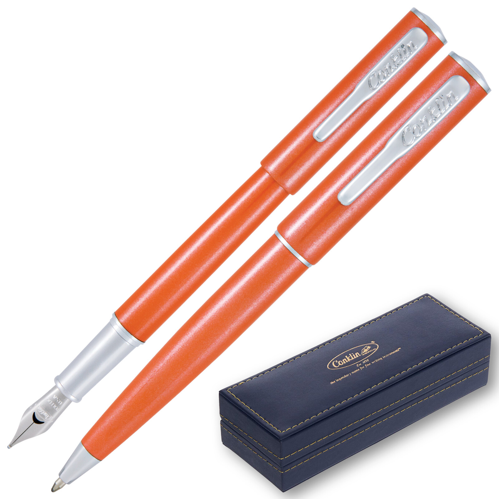 Conklin Coronet (Ballpoint & Fountain) Pen Set- Orange With Medium Tip