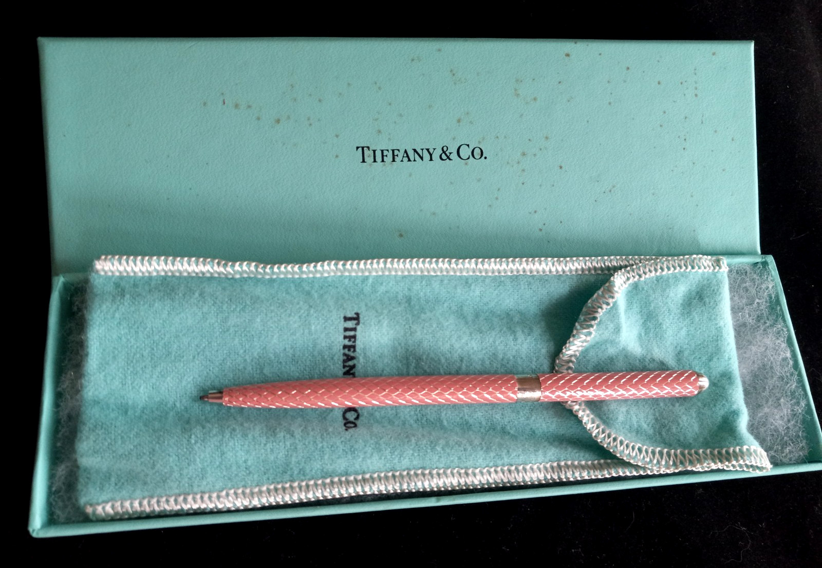 TIFFANY & CO STERLING SILVER & PINK ENAMEL BALLPOINT PEN WITH BOX & POUCH