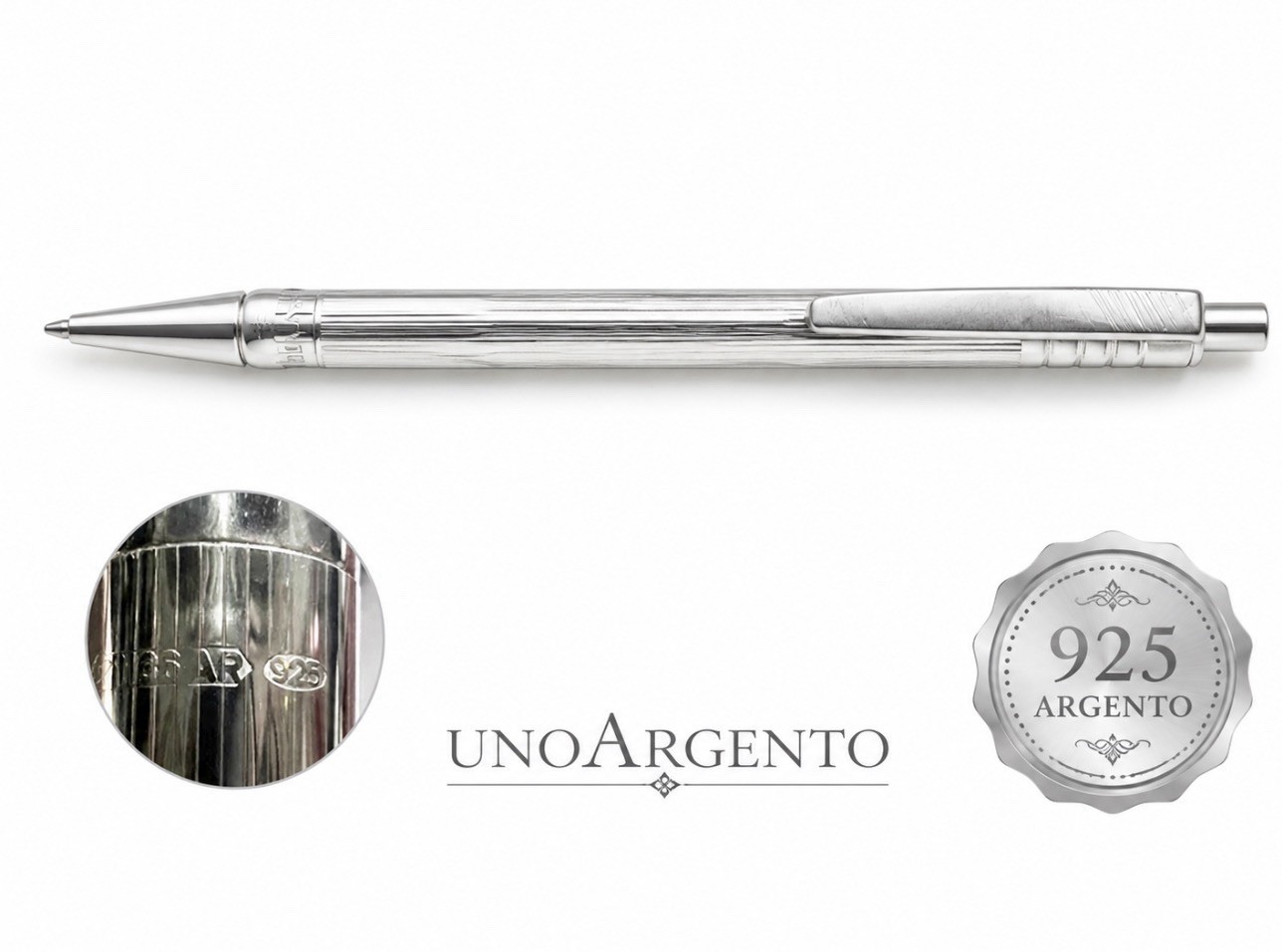 UNOARGENTO Sterling Silver 925 Solid Ballpoint Pen With Engraved Clip