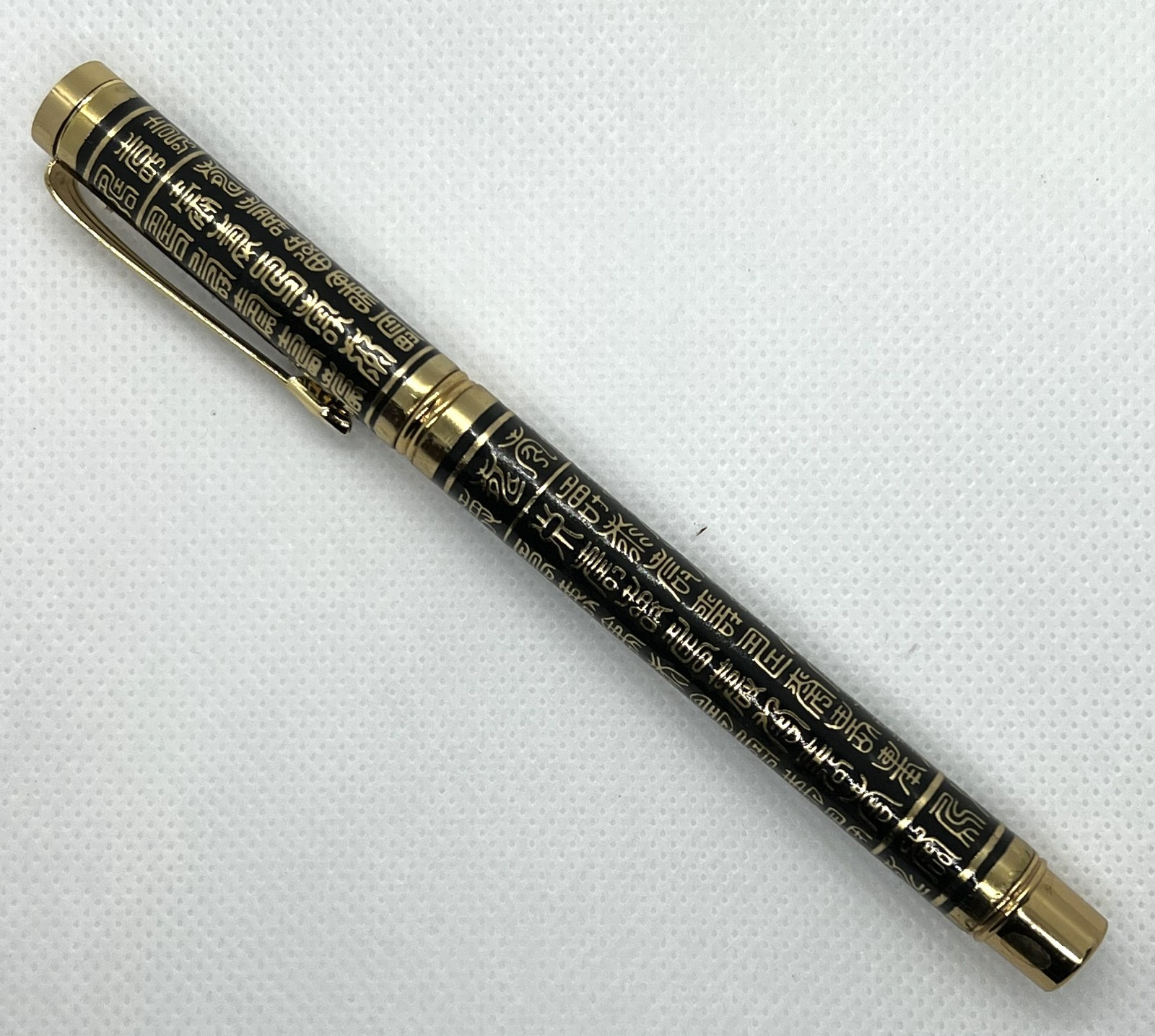Shanghai Ballpoint Pen Ancient Script Gold Tone Black Enamel Refillable EX Cond.