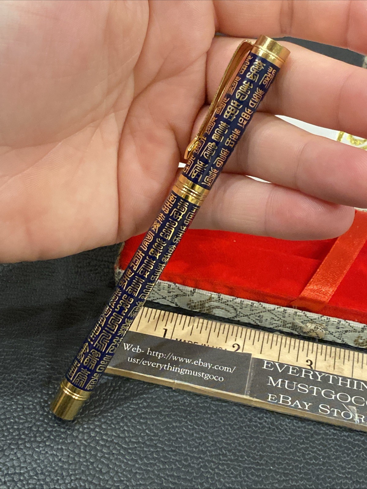 Vtg Chinese China Taraku Ballpoint Chinese Poem Lettering Gold Tone Pocket Clip