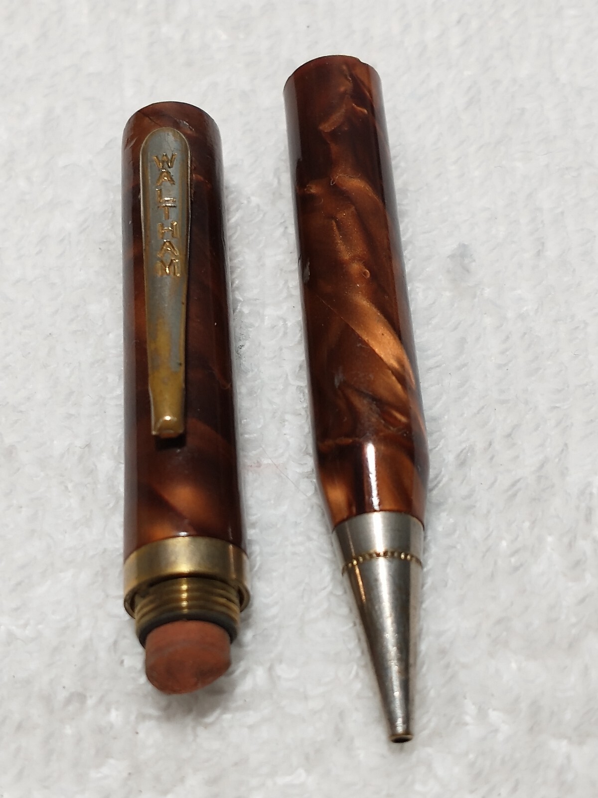 BEAUTIFUL WALTHAM VINTAGE MECH PENCIL IN ROOTBEER PEARL TONES CELLULOID ANTIQUE