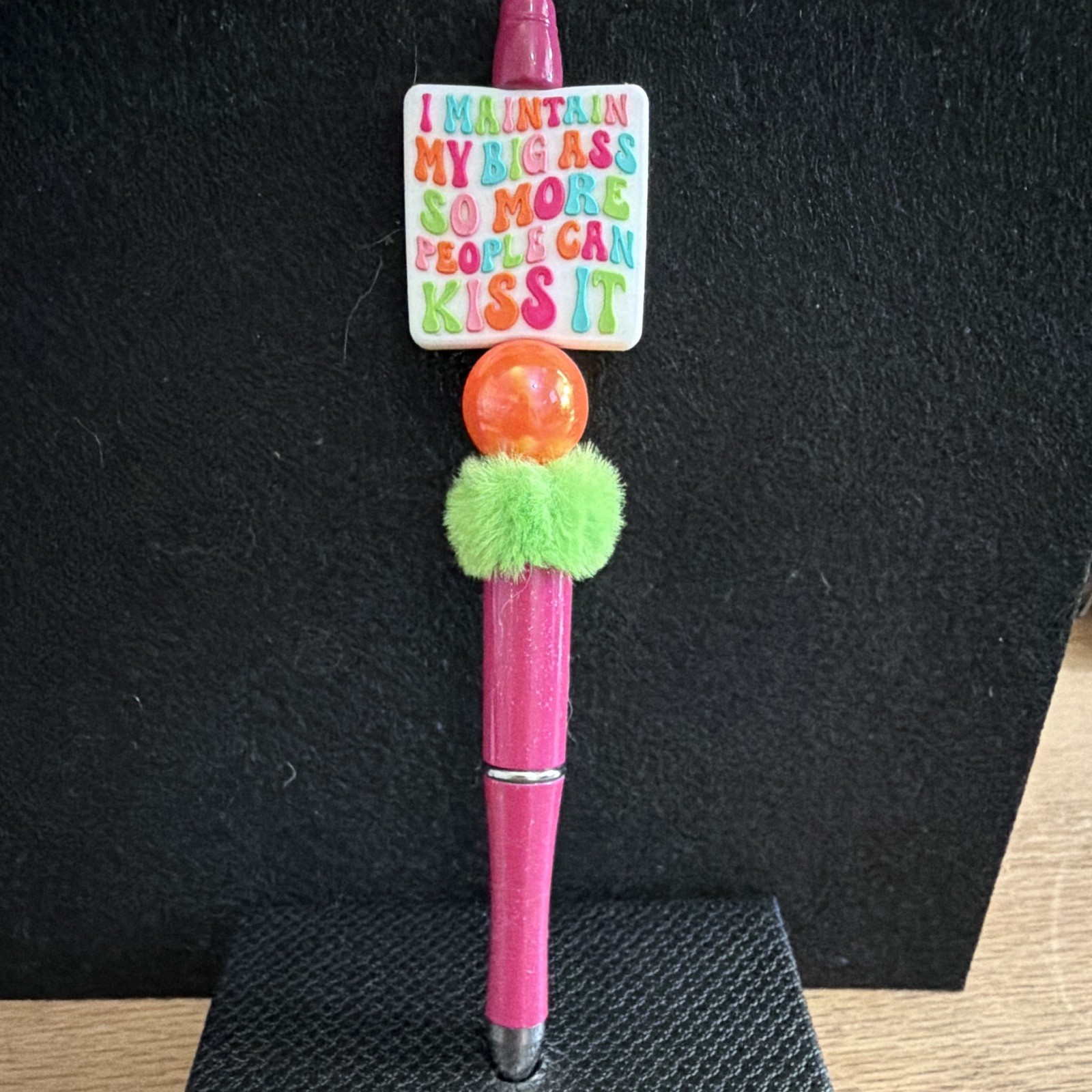 Pink Novelty Ballpoint Pen w/ Pom-Pom & Quote Charm, Plastic, Black Ink
