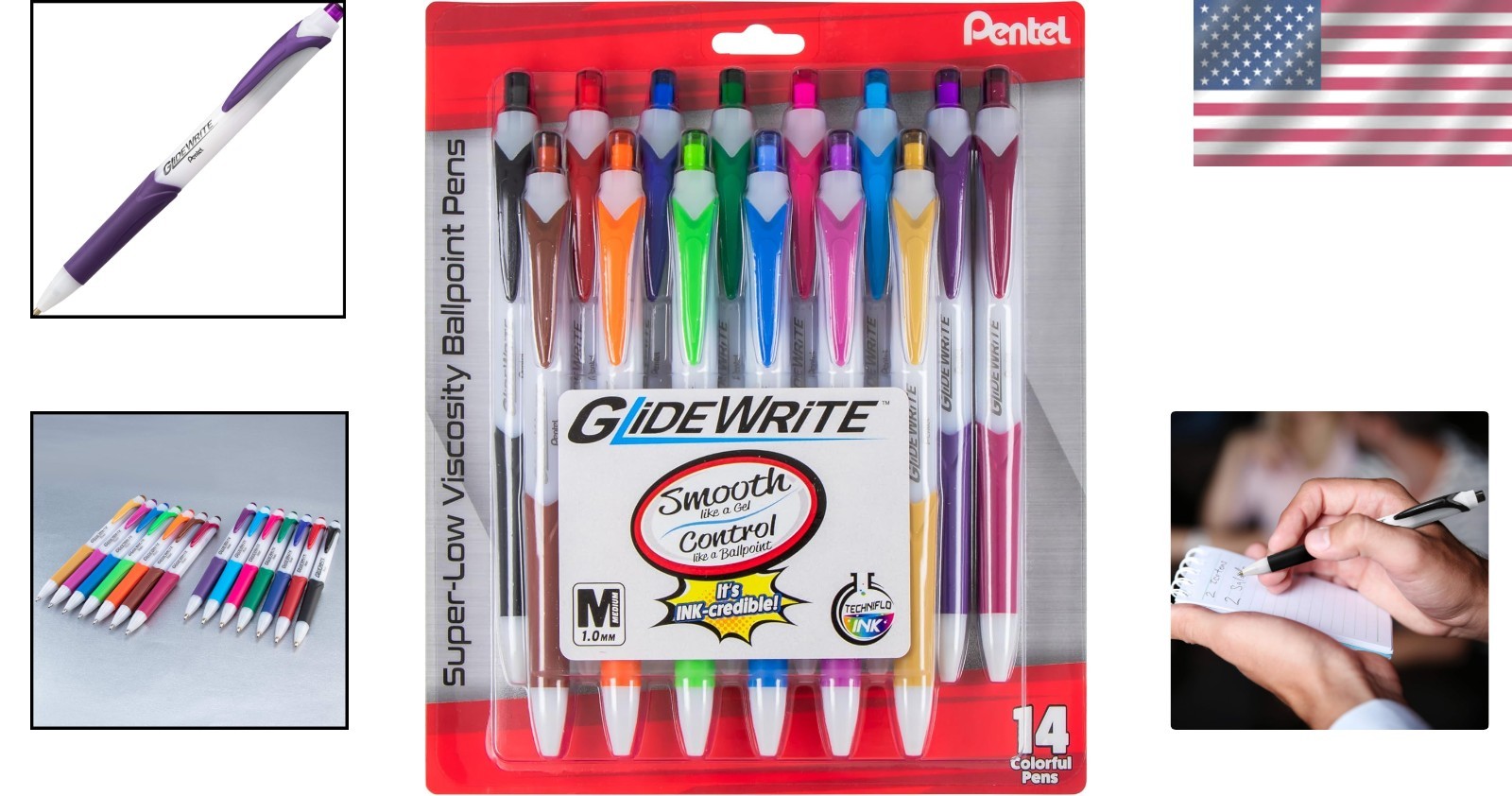 14 Assorted Ink GlideWrite Pens, Retractable & Comfortable Grip for All Ages