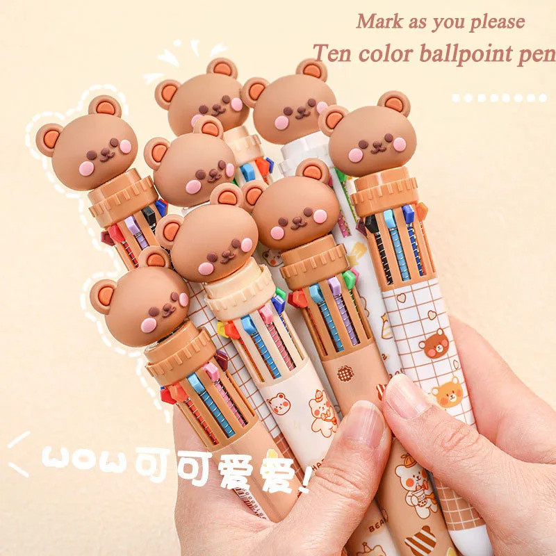 1/5/10Pcs 10 Color Kawaii Teddy Bear Cartoon Press Pen Multi-Color Color Pen Stu