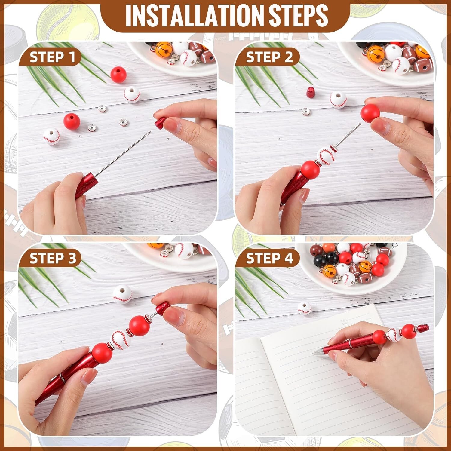 16 Set Sports Bead Pens Bulk DIY Beadable Pens Making Kit Plastic Assorted ba…