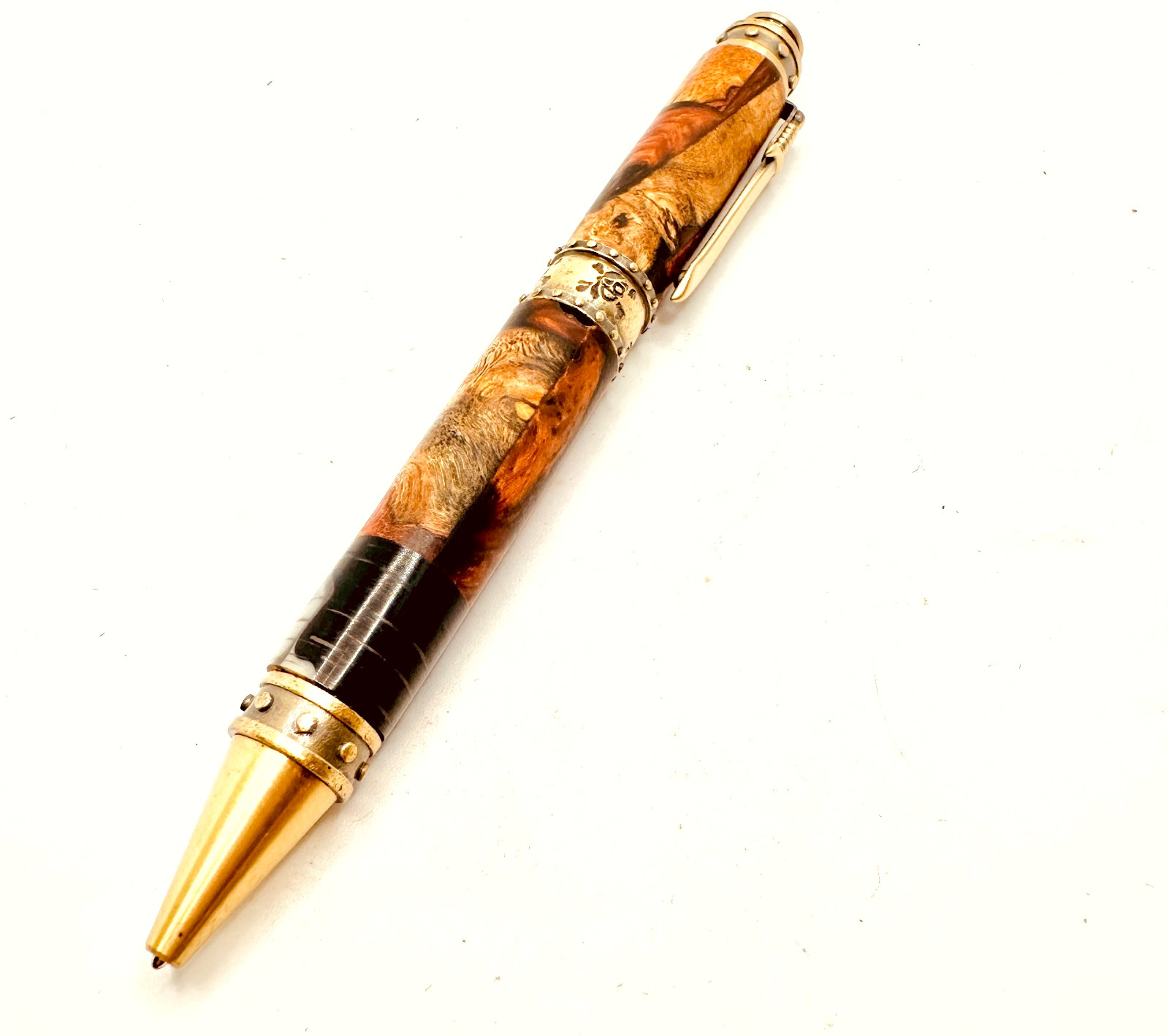 Hand Turned Ballpoint Twist Pen Pirate Gold Tone Unknown Wood