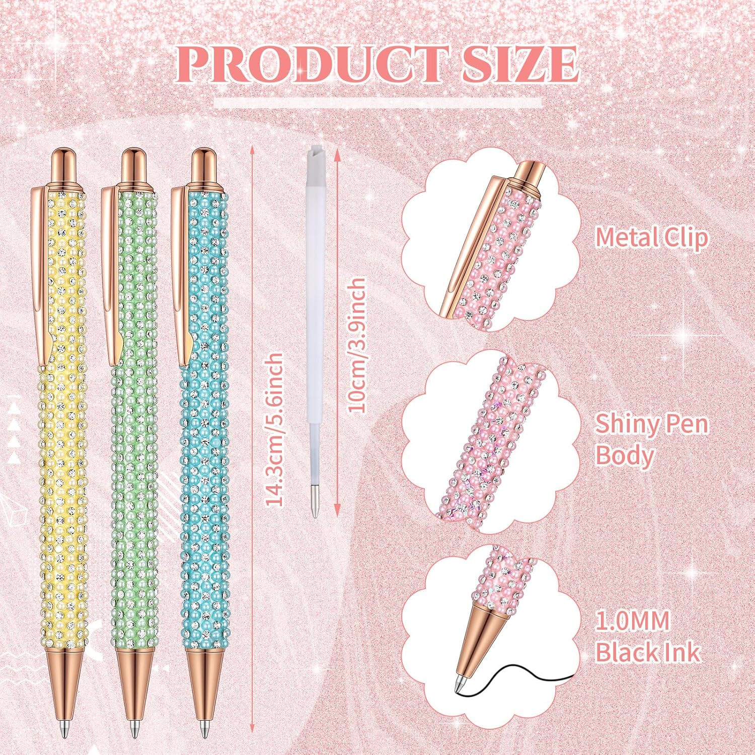 7 Pcs Fancy Pens for Women Cute Sparkly Glitter Pens with 10 Pcs Black Ink Refil