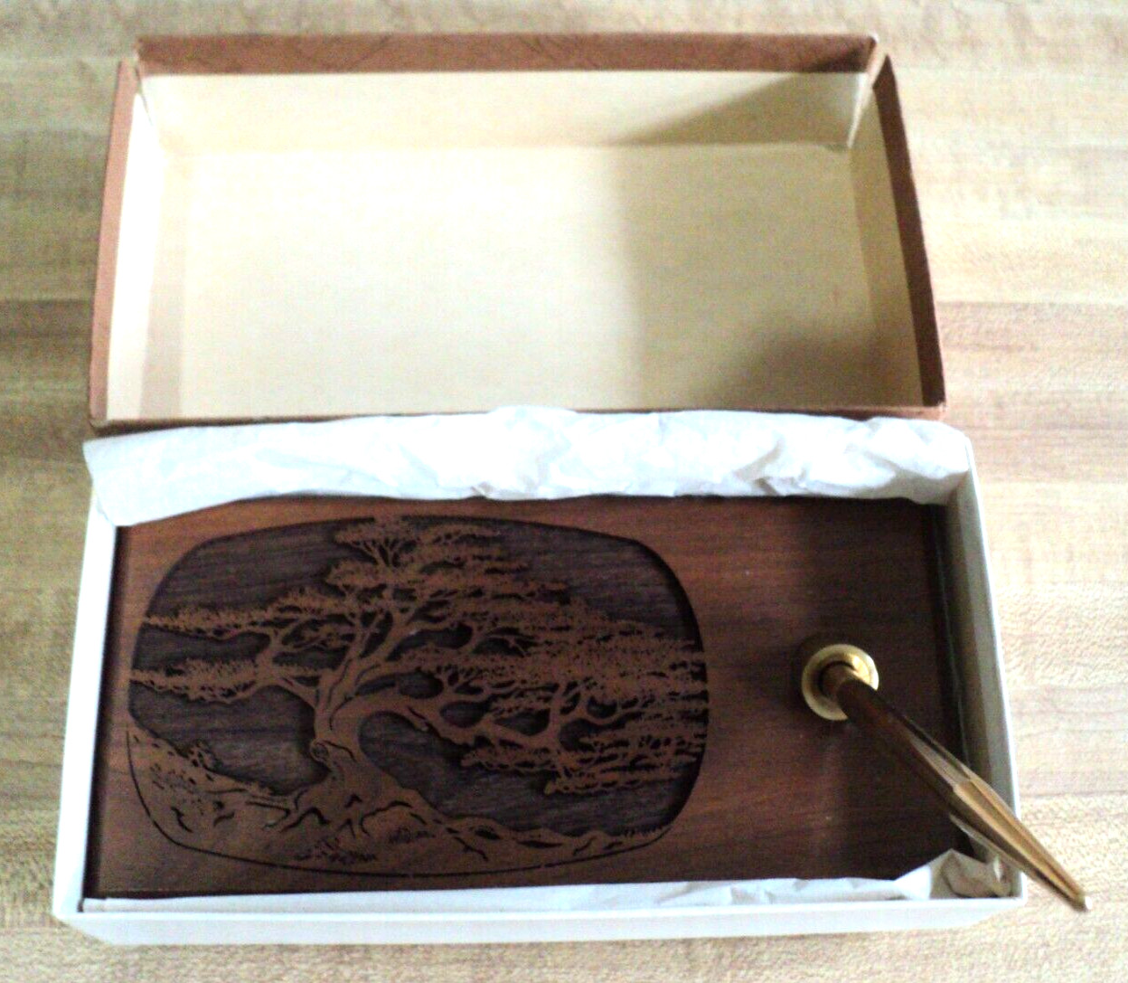 Bradley Gold BALLPOINT PEN in Laser-Cut Walnut Base Desk Set BONSAI TREE w/ Box