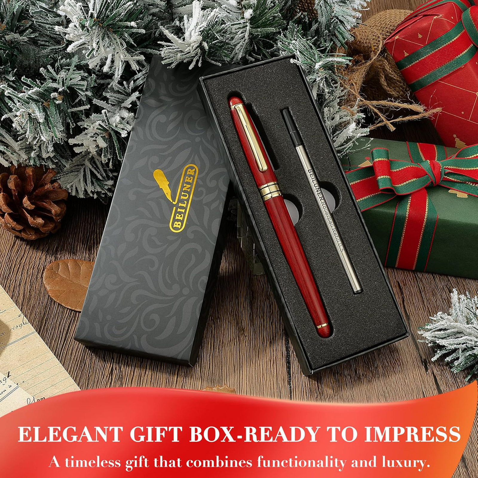 Wood Ballpoint Pen Writing Set, Rosewood, 0.5mm Fine Tip, Signature Gift, Office