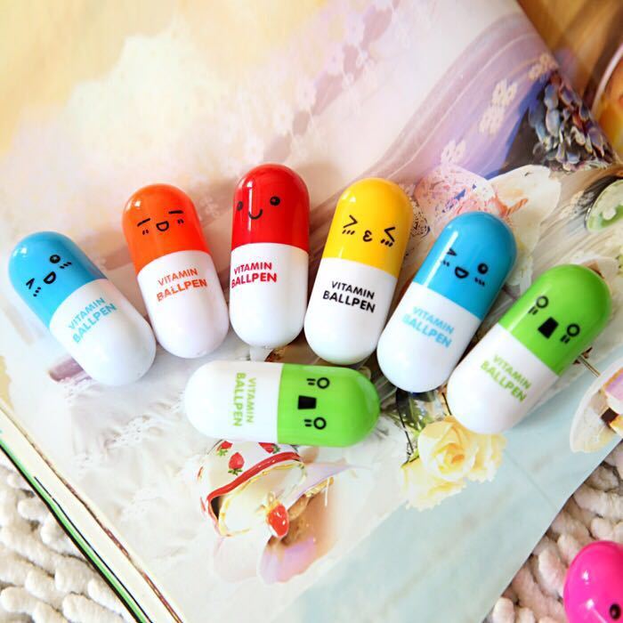1PC Ballpoint Pen Stationery Gift Cartoon Face Capsule Pill Cute Vitamin Ballpen
