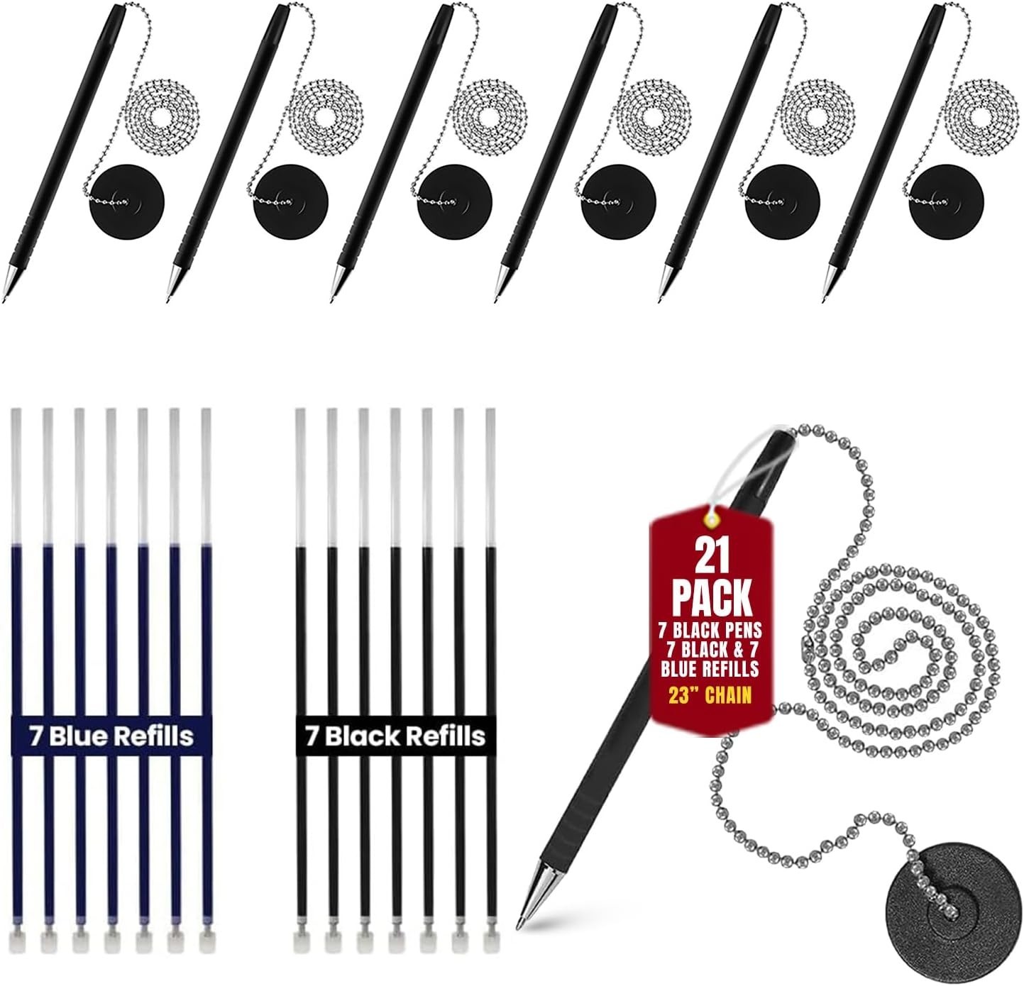 Pen with Chain [Pack of 21] – Security Desk Pen on a Chain Blue & Black