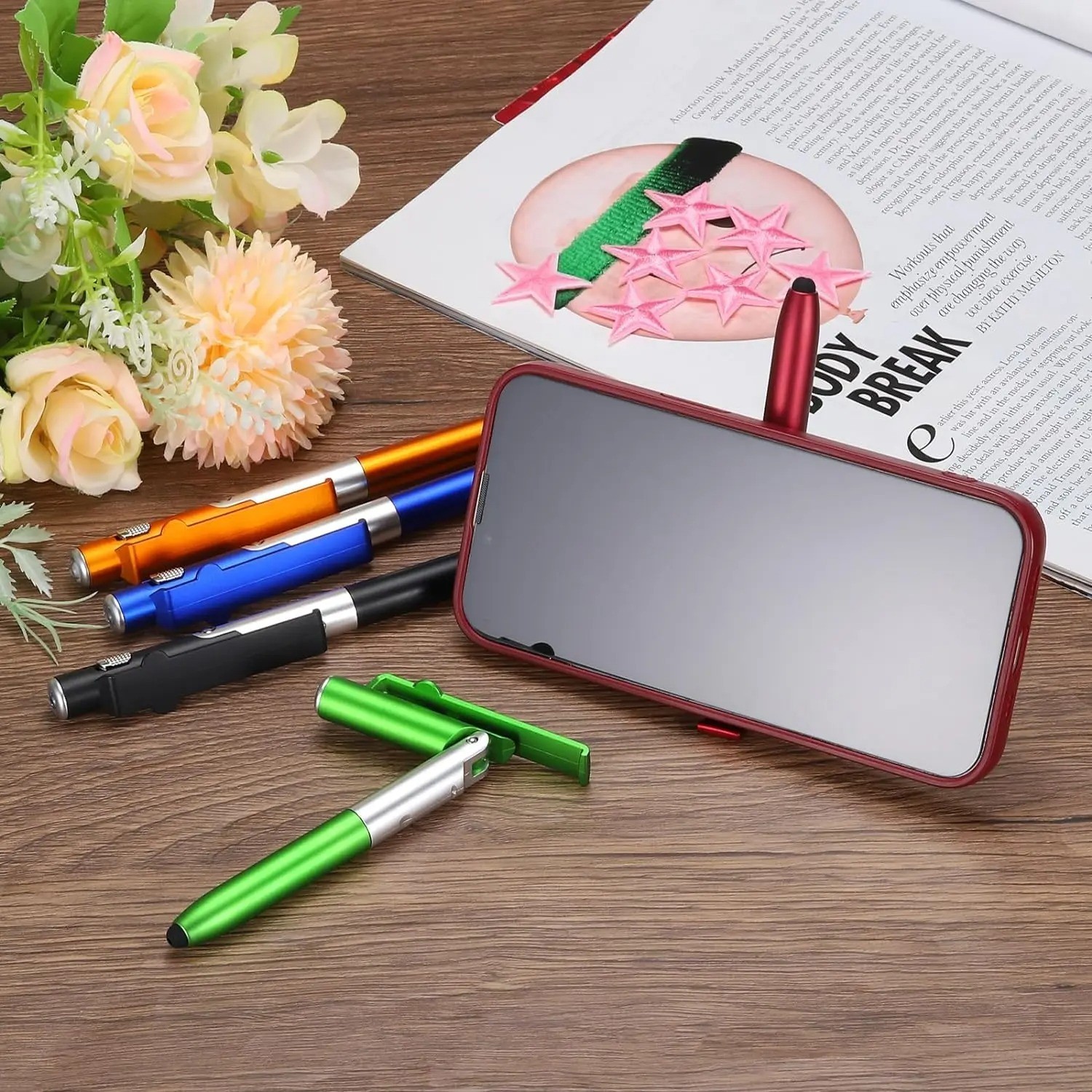 4-in-1 Multifunction Ballpoint Pen LED Light Foldable Phone Stand Night Reading