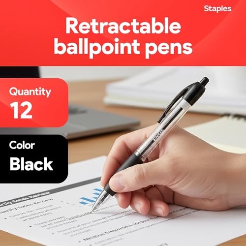 Retractable Ballpoint Pens, Fine Point, Black Ink – Smooth, Reliable 12 Pack