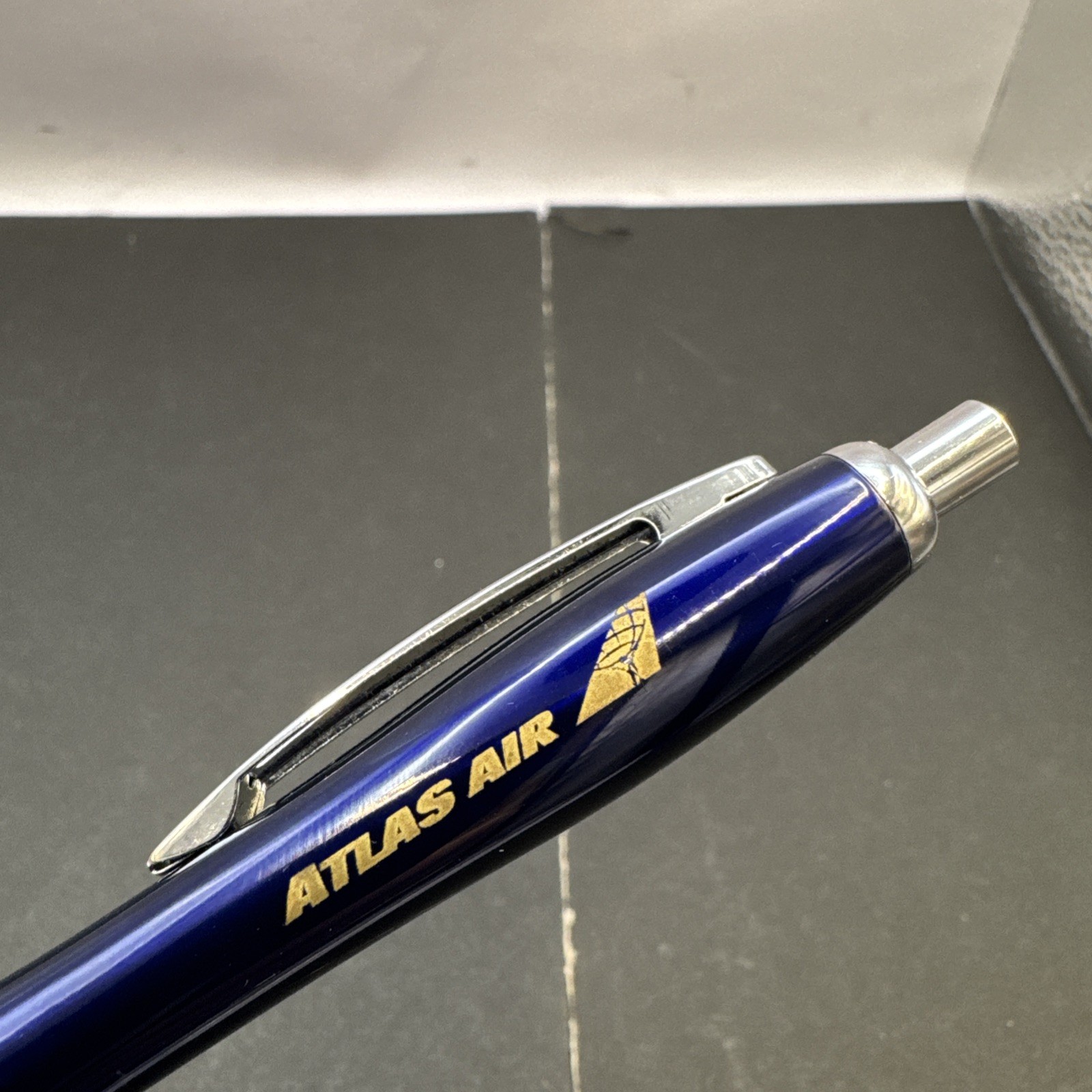 Atlas Air Promotional Blue Ballpoint Pen Rubber Grip Retractable Advertising