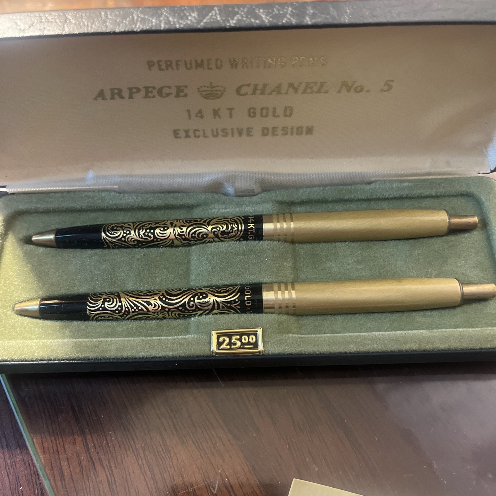 2 Vintage Arpege & Channel No.5 14k Gold Filigree Perfumed Writing Pens w/ Case