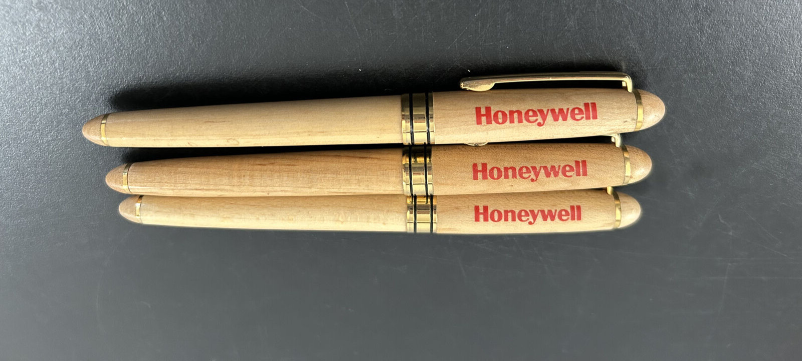 Lot of 3 Wooden Case Pen Ball TC Roller Pens Honeywell Branded Working Smooth
