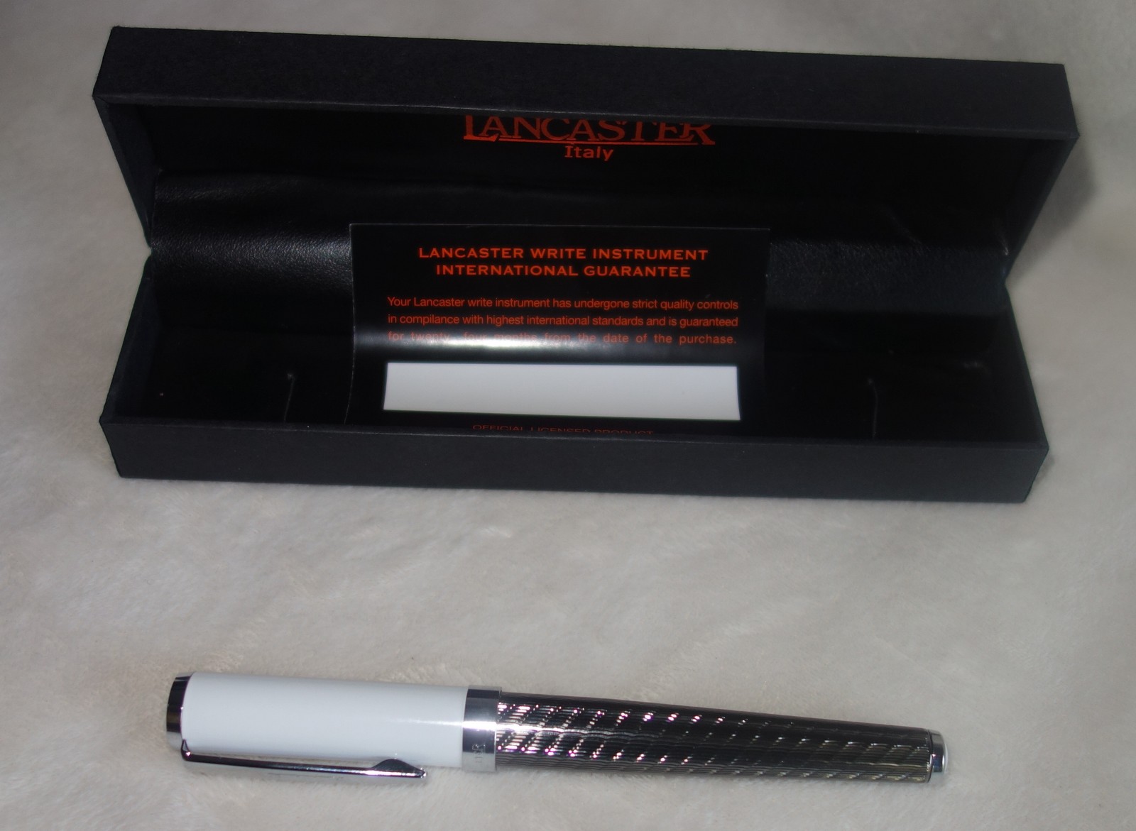 LANCASTER ITALY BALL POINT PEN SILVER WHITE TONE, BLACK INK NEW +BOX