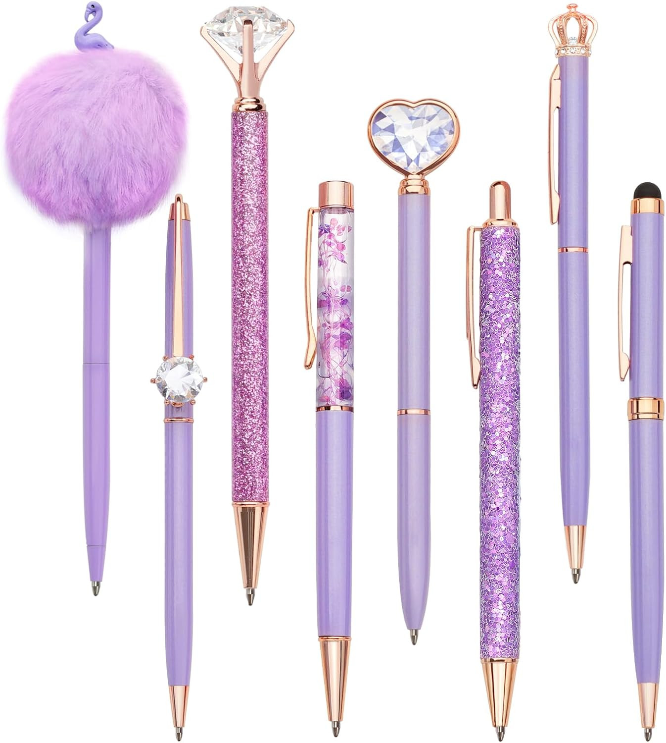 8Pcs Purple Pens, Metal Crystal Diamond Pen with Black & Blue Ink, Pens for Jour
