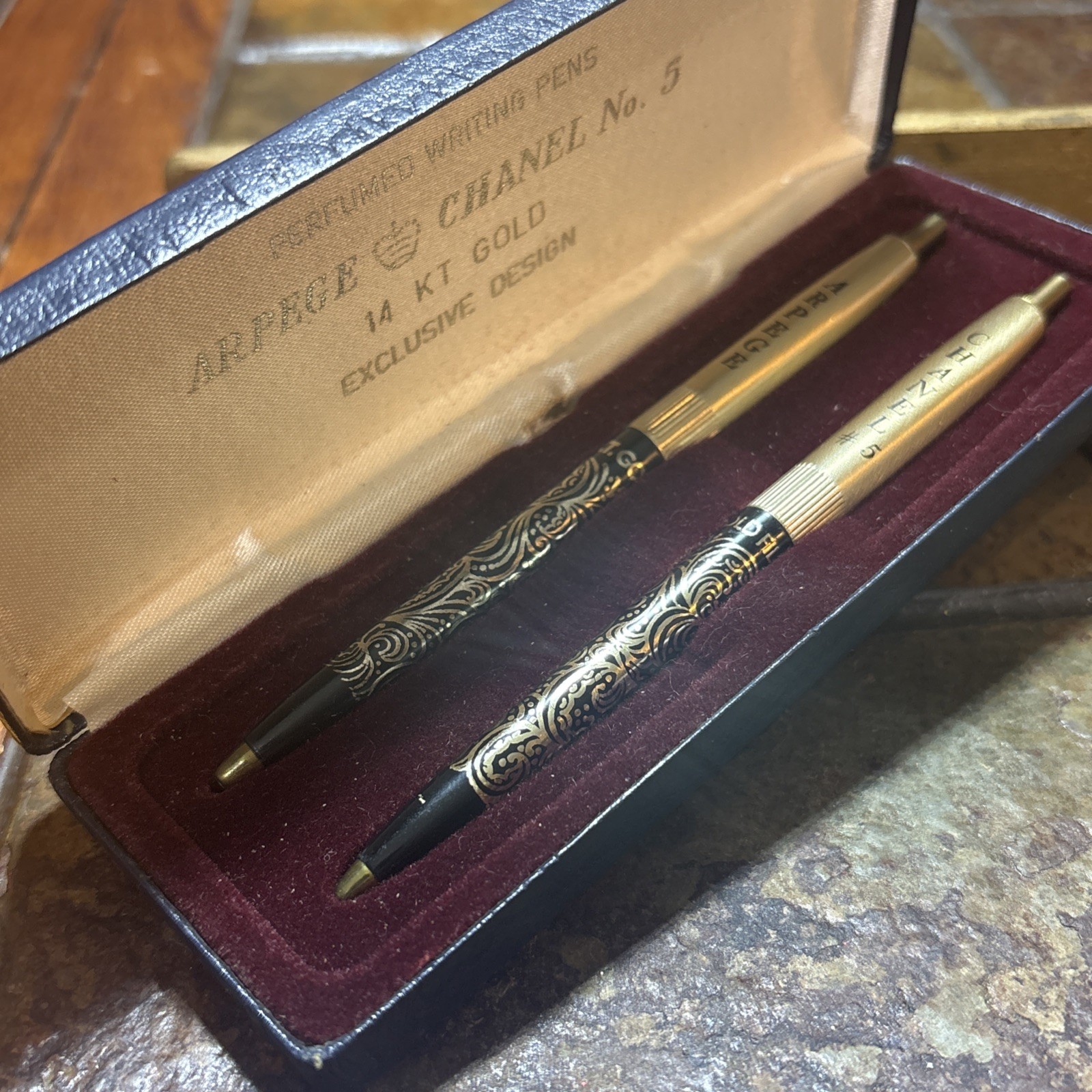 Vtg Arpege CHANEL No 5 Ballpoint Pen Set Vintage 14kt Gold Perfume Writing Pens