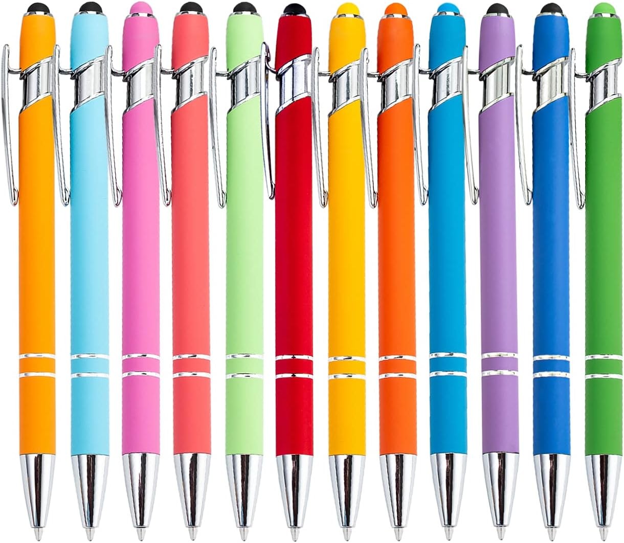 12 Pieces Rainbow Rubberized Soft Touch Ballpoint Pen with Stylus Tip, Stylish,