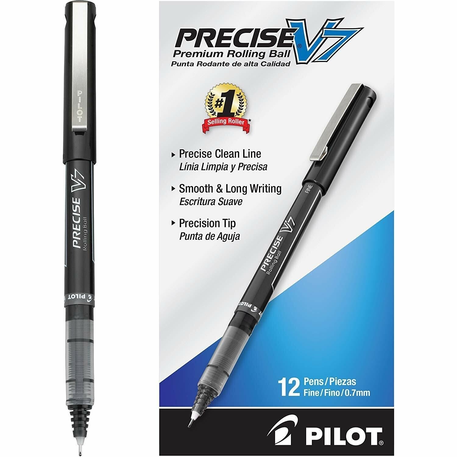 12 Pack – Pilot Precise V7 BLACK INK PENS Stick Rolling Ball Pens Point .7mm