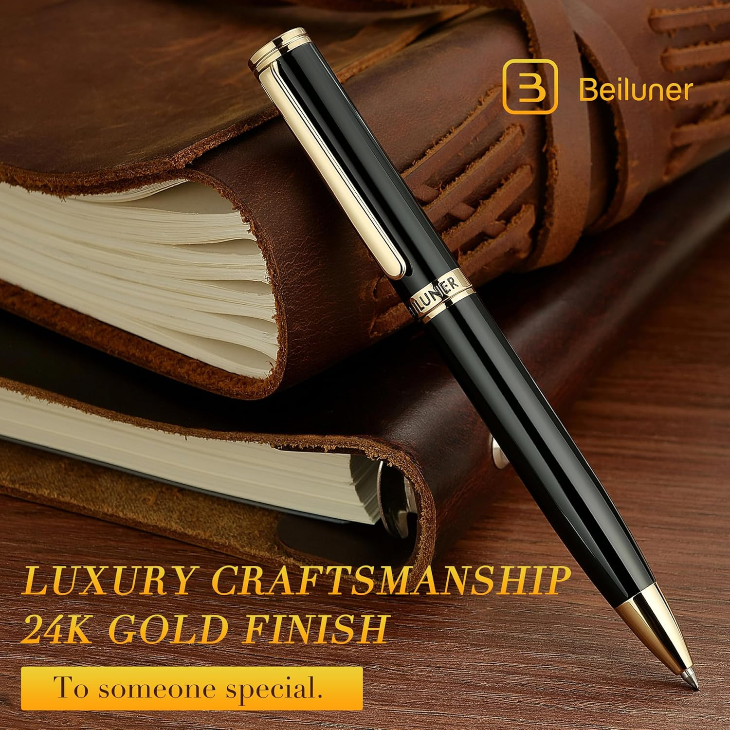 BEILUNER Luxury Gel Pen with 24K Gold Finish, Black Piano Lacquer, Luxury Grade
