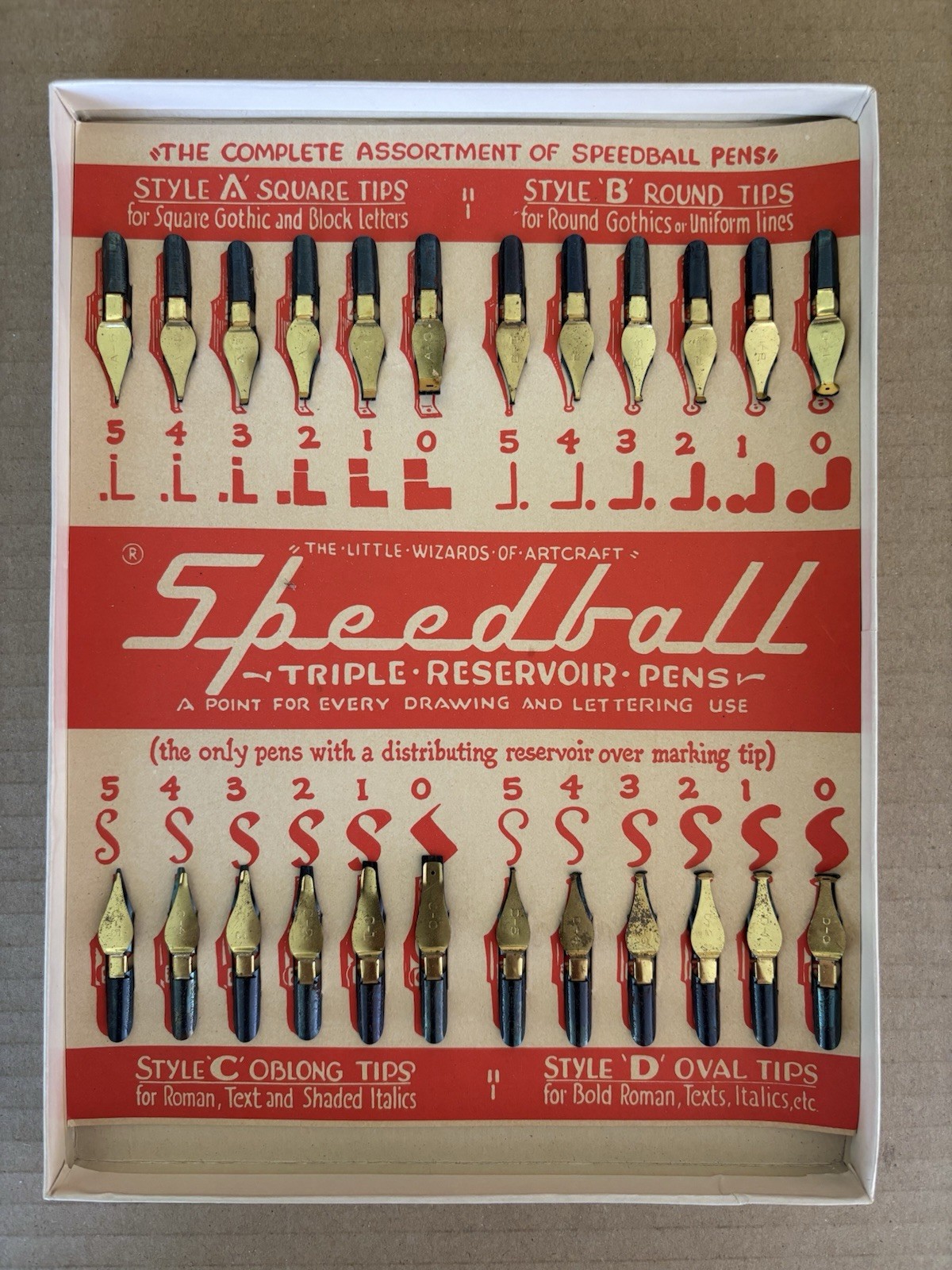 VINTAGE NOS SPEED BALL TRIPLE RESERVOIR PEN TIPS ON CARD COMPLETE SET OF 24