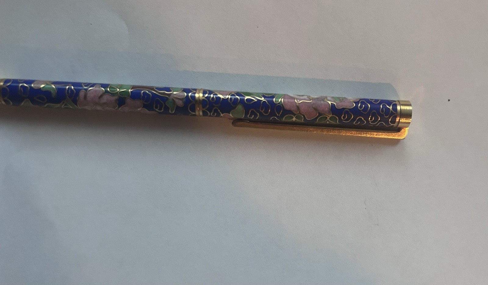 Vintage Chinese Cloisonné Ballpoint Pen Blue Floral Enamel Gold Tone Collectible