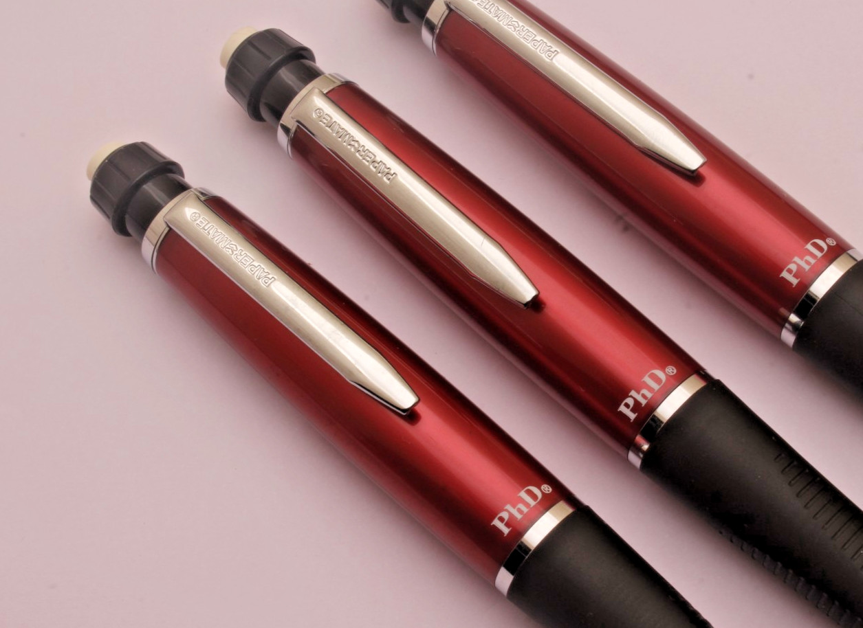 3 X Cherry Red Papermate PHD Mechanical Pencils Rubber Grip Rare NEW OLD STOCK