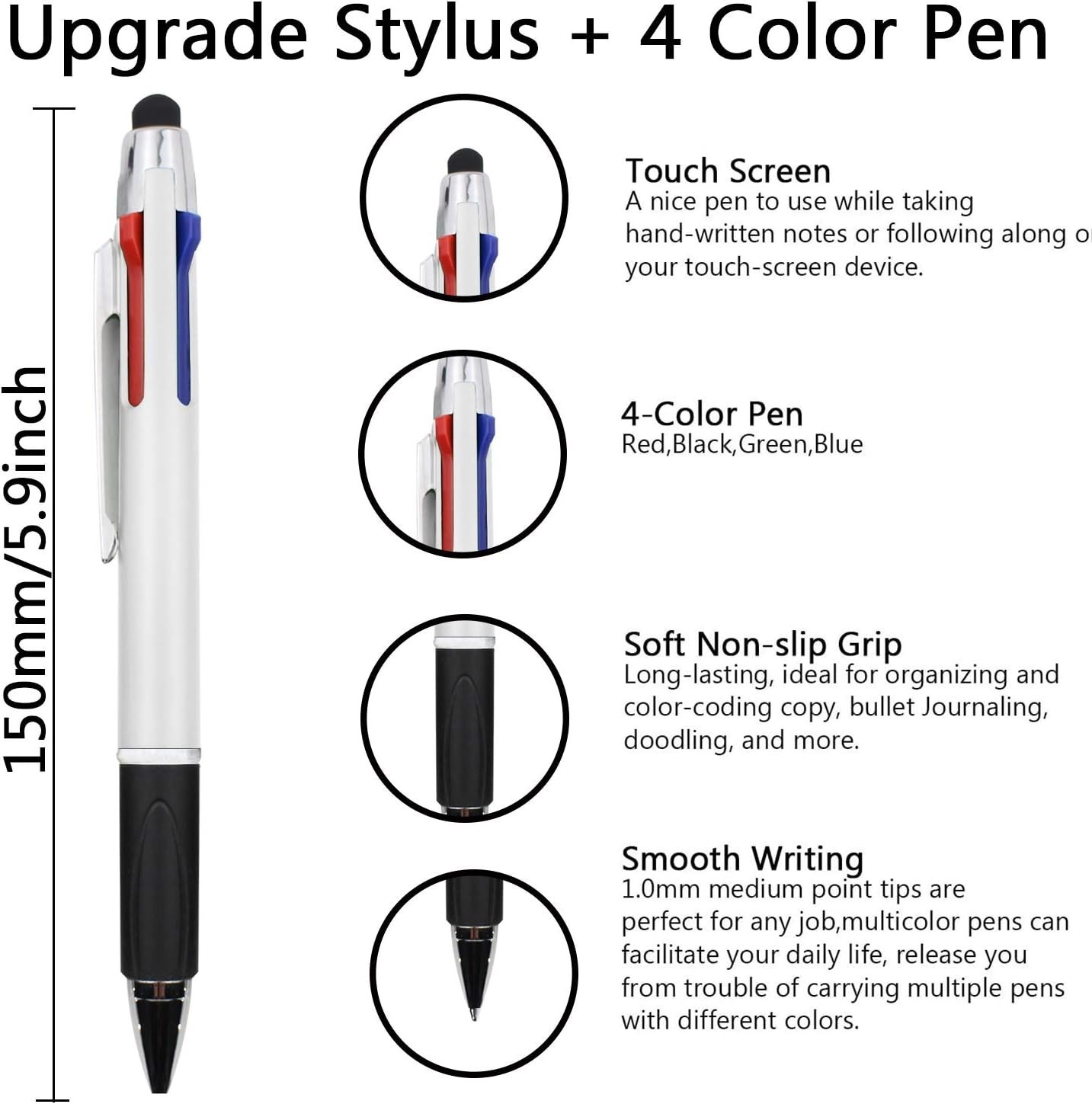 4-Color Ballpoint Pen Multi Colored Pens in One Medium Point (1.0Mm) Touch Scree