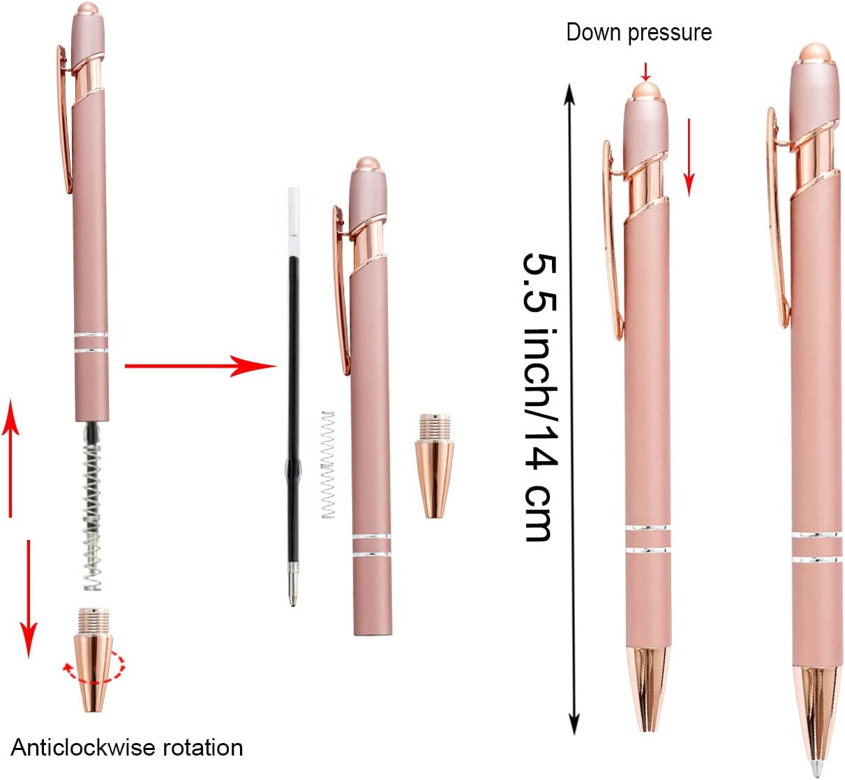 PASISIBICK 12 Pieces Rose Gold Ballpoint Pen with Stylus Tip 2 in 1 Stylish Met