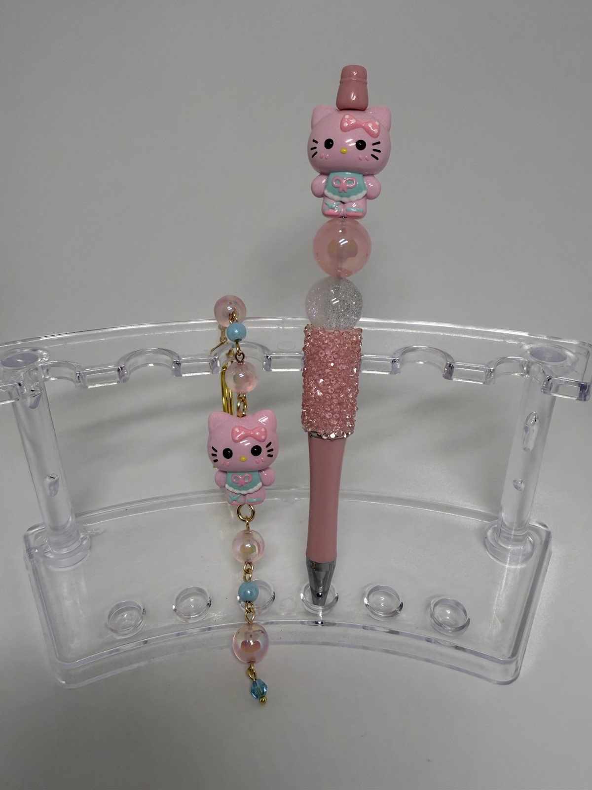 Pink Hello Kitty Style Cat Charm Ballpoint Pen, Black Ink, Keychain
