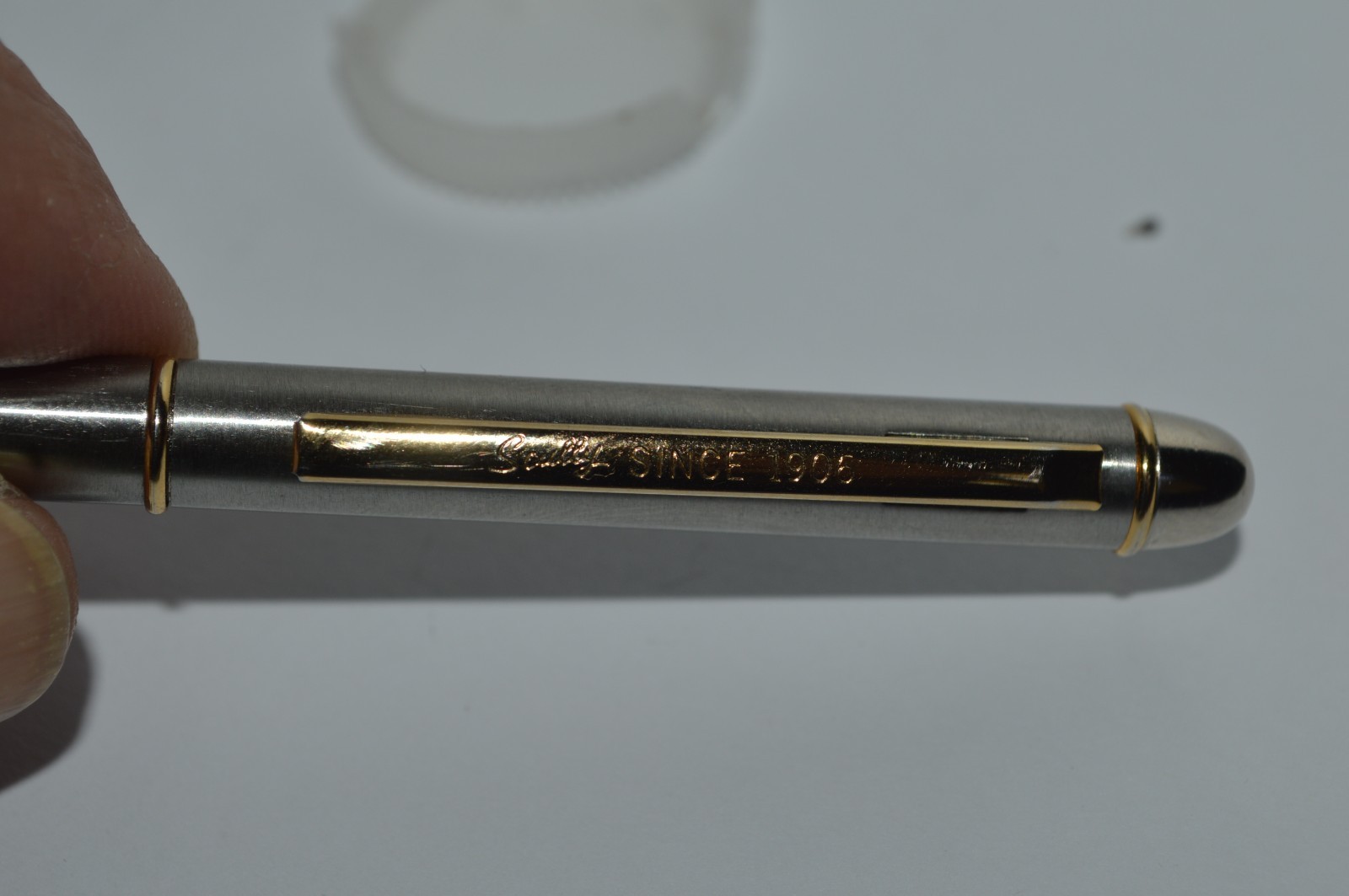 SCULLY SINCE 1906 Ball Pen Slim Brushed Stainless Steel Gold Trim Twist Action