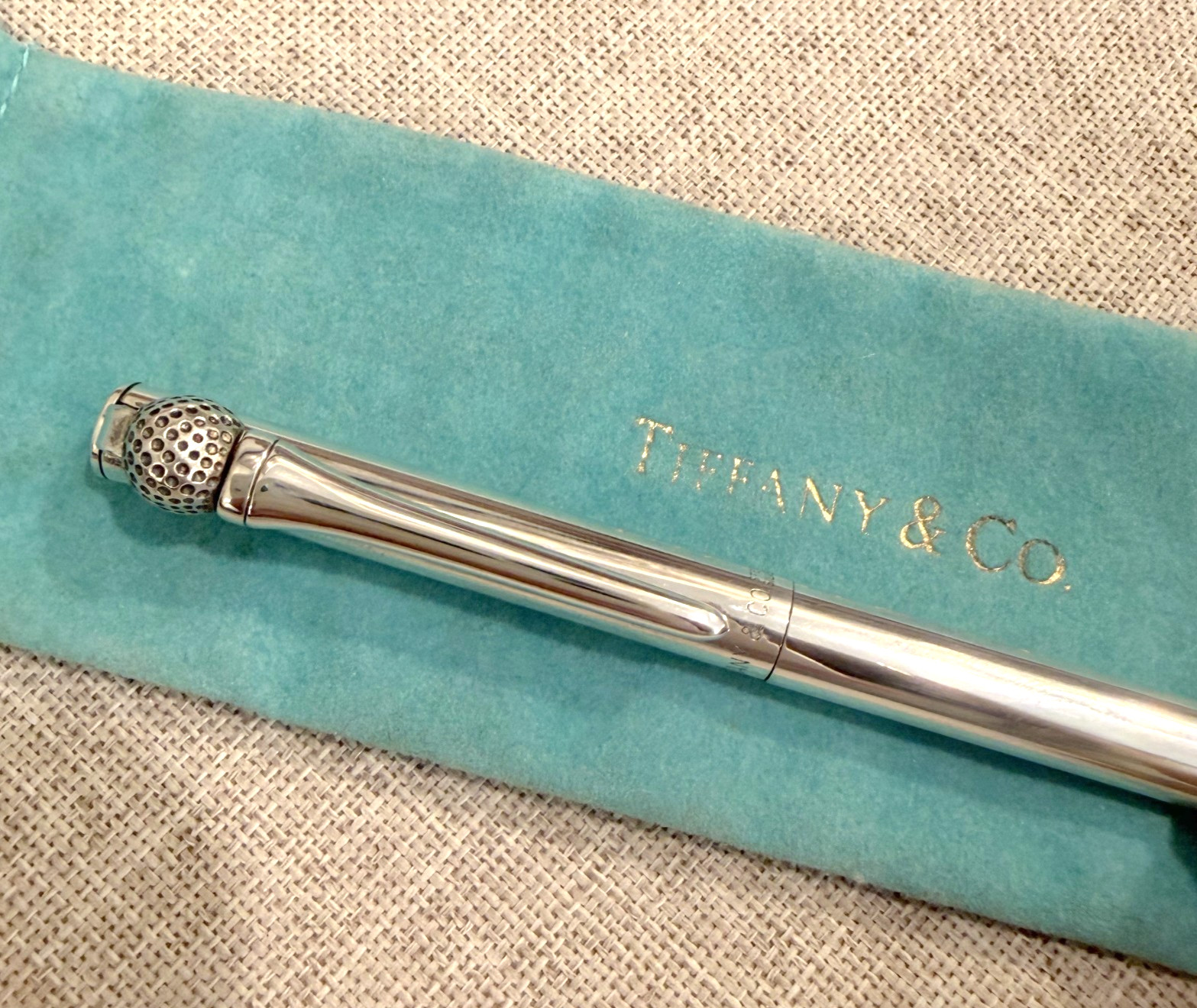 TIFFANY&CO. Sterling Silver 925 Golf Ball Clip Ballpoint Pen w/ Pouch