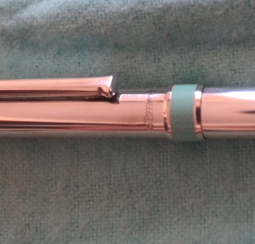 Tiffany & Co Sterling Silver Blue Enamel Stripe T Clip Black Ink Pen w/ pouch