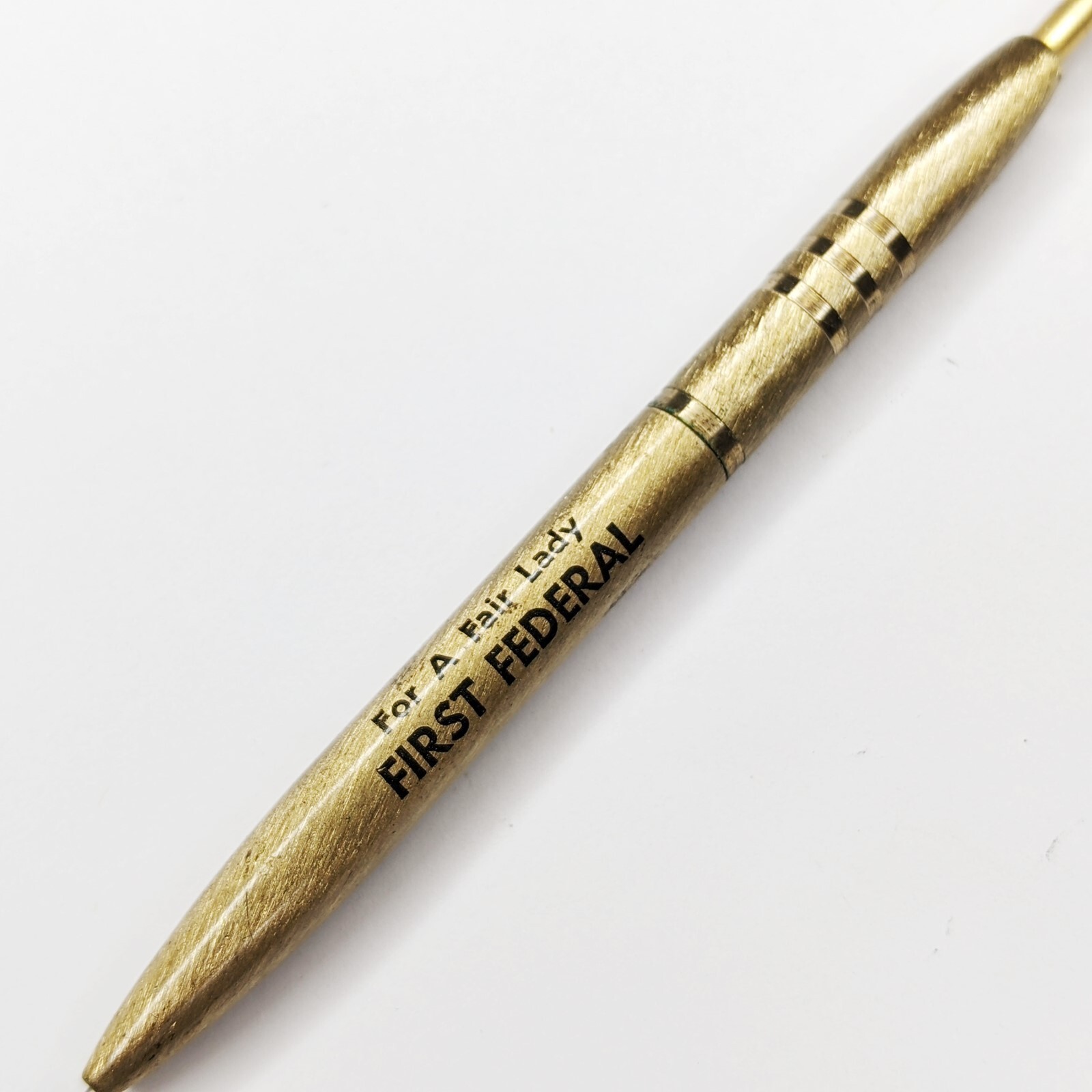 c1960 First Federal Bank «For a Fair Lady» Short Mini 4″ Brass Ballpoint Pen G42