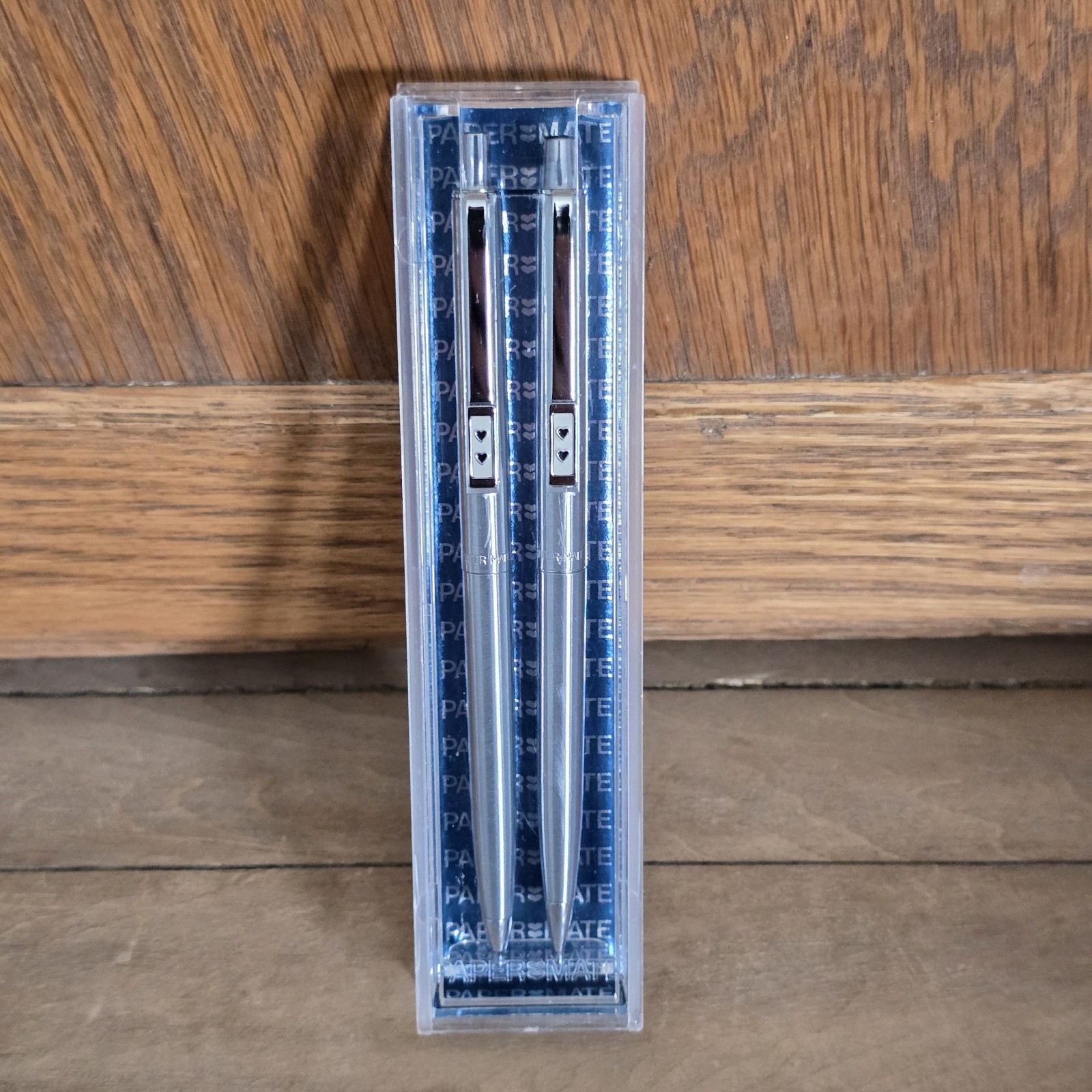 Vintage 1980 Paper Mate Double Heart Chrome Pen & Pencil Set With Case USA