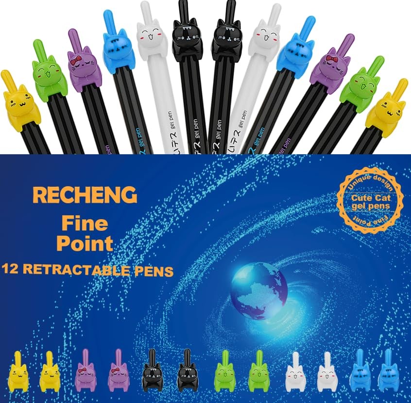 Recheng Retractable Cat Gel Pens,fine Point 0.5Mm Black Ink,cute Kitty