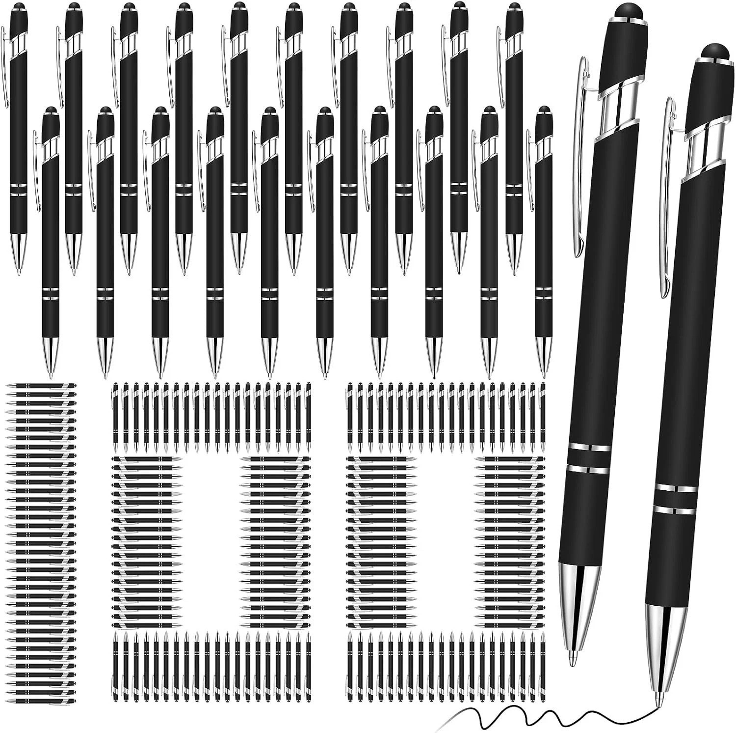 100pk Black Metal Ballpoint Pens w/ Stylus, Smooth 1.0mm Ink, Retractable Click